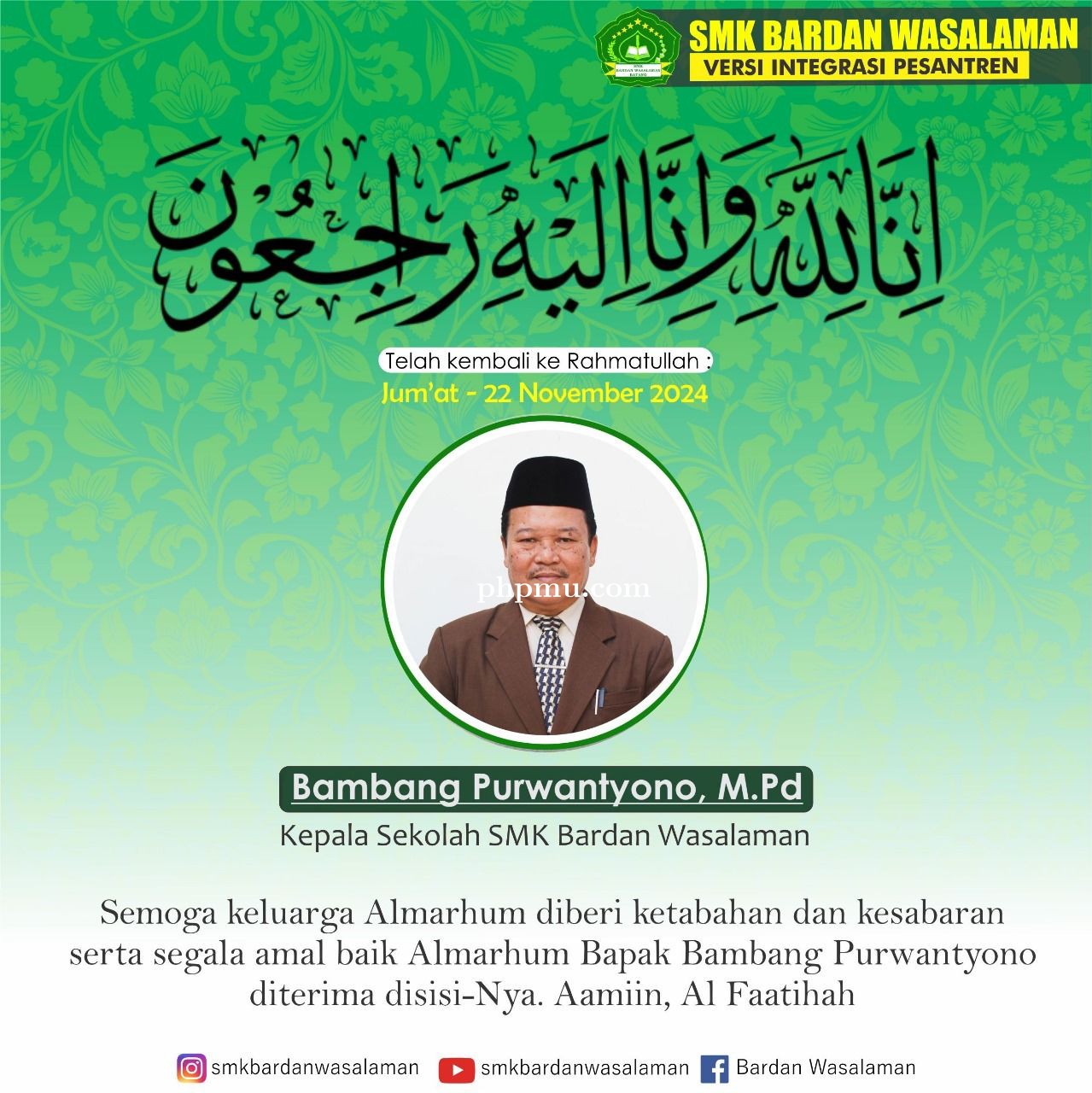 Kronologi kecelakaan Alm, Bpk Bambang Purwantyono, Kepala sekolah SMK Bardan Wasalaman
